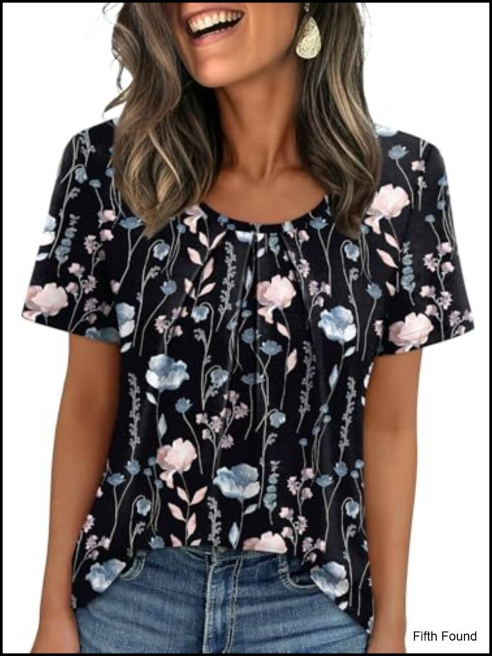 Pleated Short Sleeve Blouse Loose Fit Scoop Neck Business Casual Top